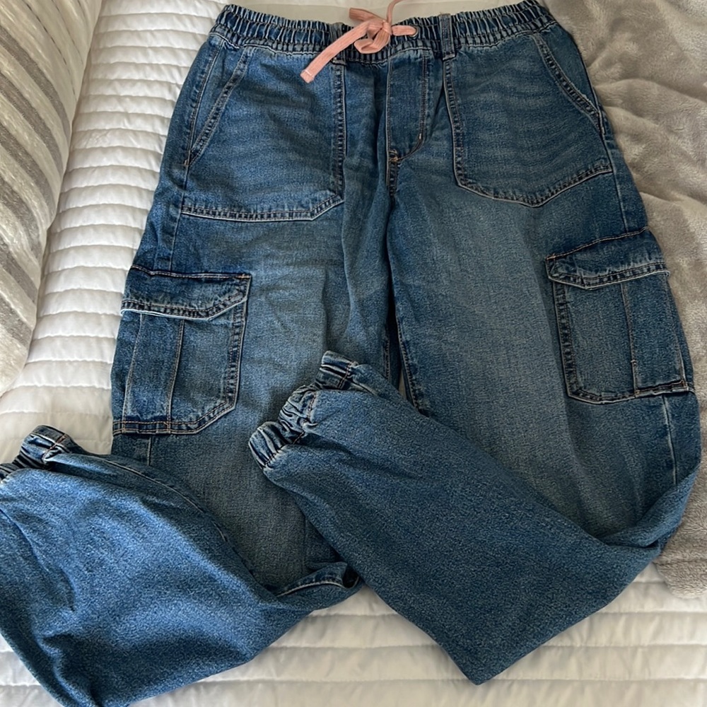 High waisted, drawstring, denim joggers.